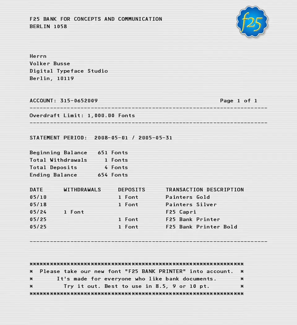 F25 Bank Printer Font